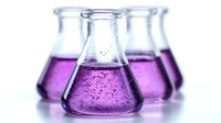 Glass laboratory flasks containing vibrant purple liquid with bubbles against white background, used in scientific research and chemical experiments.