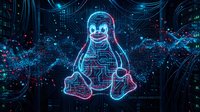 Neon glowing penguin mascot in digital cyberspace with circuit patterns and data streams for technology branding and futuristic design projects.