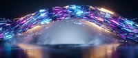 Futuristic neon arch bridge with glowing blue and purple lights reflecting on calm water, creating a digital gateway effect for technology and innovation concepts.