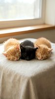 Three adorable kittens sleeping peacefully together on soft blanket by sunny window. Orange tabby and black kitten cuddling in cozy home interior for pet care content.
