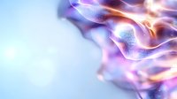 Ethereal abstract background with flowing luminous waves in purple and orange tones against soft blue gradient, creating mystical atmospheric effect.