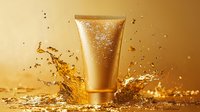 Golden cosmetic tube with splashing liquid and glitter particles against warm background creates luxurious skincare advertisement composition with dynamic water effects.