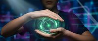 Young woman holding glowing green holographic sphere with protective gesture against futuristic digital background for technology concepts.