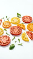 Fresh sliced tomatoes in red and yellow varieties with basil leaves on white background, isolated for food styling, cooking, and culinary design projects.