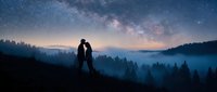 Silhouette of couple kissing under starry night sky with milky way galaxy above misty forest landscape at dusk.