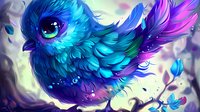 Magical blue bird with glowing eyes and ethereal feathers in vibrant turquoise and purple tones against mystical background, fantasy art style for decorative purposes.