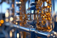 Chrome beer tap system with golden bokeh lights in background, macro view showing metallic details and industrial craftsmanship in modern bar setting.