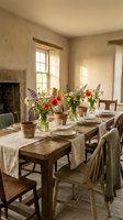Rustic farmhouse dining room with wooden table set for dinner featuring wildflower arrangements and natural sunlight streaming through windows.