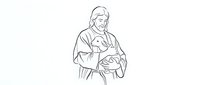 Mother holding newborn baby in tender embrace, minimalist line art style on white background for healthcare, parenting and family design projects.
