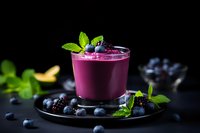 Purple berry smoothie with fresh blueberries and blackberries garnished with mint leaves on dark background for healthy breakfast and nutrition.