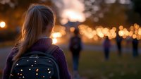 Young woman with backpack looking at sunset in park with blurred people walking and bokeh lights creating magical evening atmosphere.
