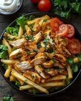 Grilled chicken breast slices with golden french fries, fresh tomatoes and herbs in black bowl on rustic wooden table for healthy meal preparation.