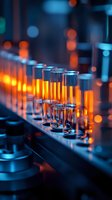 Laboratory test tubes with glowing orange liquid arranged in row against dark background with blue bokeh lights, scientific research concept for medical studies.