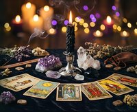 Mystical tarot card reading setup with burning candle, amethyst crystals, and bokeh lights creating magical fortune telling atmosphere for spiritual guidance.