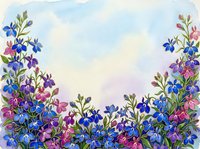 Watercolor floral border with blue, purple, and pink wildflowers on a soft sky background, perfect for greeting cards and invitations.