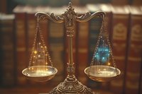 Antique brass scales of justice with glowing digital city holograms balanced on each side against blurred law books background, representing modern legal technology.