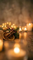 Festive holiday arrangement with dried citrus slices, evergreen sprigs, and berries on wooden surface surrounded by glowing candles and warm bokeh lights.