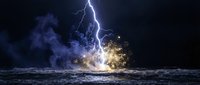 Dramatic lightning strike hitting ocean waves during powerful storm with explosive water splash and dark stormy clouds in night sky creating spectacular natural phenomenon.