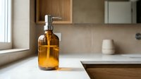 Amber glass soap dispenser with chrome pump on marble bathroom countertop, natural light, modern interior, eco-friendly hygiene concept.