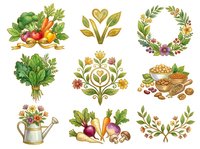 Watercolor garden vegetables and botanical elements with golden accents, isolated on white background. Suitable for recipe cards, kitchen decor, gardening designs, and culinary illustrations.
