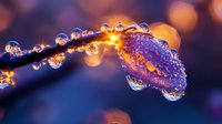 Delicate water drops on curved branch with golden sunlight creating magical bokeh effect in purple and orange tones, macro nature photography for artistic backgrounds.
