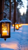 Glowing lanterns with candles illuminate snowy winter evening path creating warm atmospheric lighting for seasonal celebrations and outdoor gatherings.