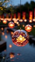 Glowing glass sphere with golden lotus flower design hanging in garden at dusk, surrounded by soft bokeh lights reflecting on water surface.