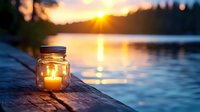 Glowing candle in mason jar on wooden dock at sunset over calm lake water creating warm romantic atmosphere for relaxation and peaceful evening moments.