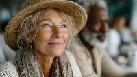 Happy senior Caucasian woman wearing straw hat smiling warmly at camera with elderly friends socializing in background for lifestyle and retirement concepts.