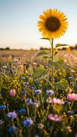 Single sunflower standing tall in colorful wildflower meadow during golden hour sunset with soft warm light and blooming field flowers in background.