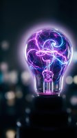 Glowing lightbulb with vibrant purple and blue plasma energy swirling inside, symbolizing innovation, creativity, and bright ideas for business and technology concepts.