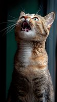 Curious ginger cat looking up with open mouth against dark green background, showing white chest fur and whiskers in dramatic lighting and sharp detail.
