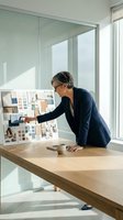 Middle-aged woman with dark hair and glasses wearing navy blazer reviewing color swatches and material samples at wooden desk in bright modern office with glass partitions.