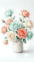 Watercolor roses bouquet in ceramic vase with coral pink mint green cream blooms and leaves on white background for wedding decor and romantic designs.