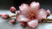 Delicate pink cherry blossom with water droplets and unopened buds on branch, suitable for spring designs, nature backgrounds, and botanical projects.