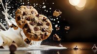 Chocolate chip cookies with milk splash and flying cookie pieces on dark background with dramatic lighting and bokeh effect. For food advertising.