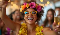 Young African American woman with natural curly hair wearing flower crown and glasses laughs joyfully at celebration party with festive bokeh lights background.
