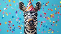 Funny zebra wearing party hat with confetti on turquoise background. Close up portrait shows playful expression and festive mood for celebration designs.