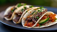 Delicious grilled meat tacos with fresh vegetables and sesame seeds on soft tortillas served on dark plate for restaurant menu and food photography.