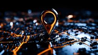 Glowing orange location pin marker on dark city map with dramatic lighting and shallow depth of field, concept of GPS navigation and destination point.