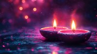 Traditional oil lamps with glowing flames create warm ambiance against purple bokeh background for Diwali festival celebration and spiritual meditation practices.