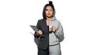 Professional Asian businesswoman split concept showing formal suit and casual hoodie with tablet isolated on white background for business transformation.