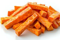 Fresh cut sweet potato fries arranged on white background, raw orange vegetable sticks ready for cooking, isolated healthy root vegetable preparation.
