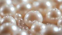 Luminous cream-colored pearls with soft bokeh effect and delicate light reflections create elegant luxury background for jewelry, wedding, or cosmetic designs.