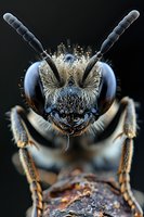 Extreme macro portrait of wild bee face showing detailed compound eyes, antennae, and facial features against dark background. Perfect for nature and wildlife publications.