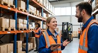 Two warehouse workers in safety vests discussing logistics in modern distribution center with shelving and forklift background for teamwork concepts.
