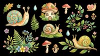 Cute snail clipart set with mushroom houses, ferns, flowers, and berries, isolated on transparent background. Great for stickers, t-shirt design, and print on demand.