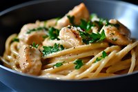 Creamy linguine pasta with tender chicken pieces and fresh parsley in black bowl, close up view of homemade Italian cuisine with rich sauce.