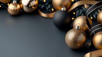 Elegant composition of matte black and metallic gold Christmas baubles on dark background with bokeh lights, creating luxurious holiday atmosphere.