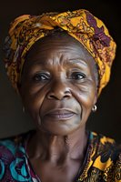 Portrait of senior African woman wearing vibrant yellow and purple headwrap with traditional patterned clothing against dark background. Ideal for cultural diversity themes.